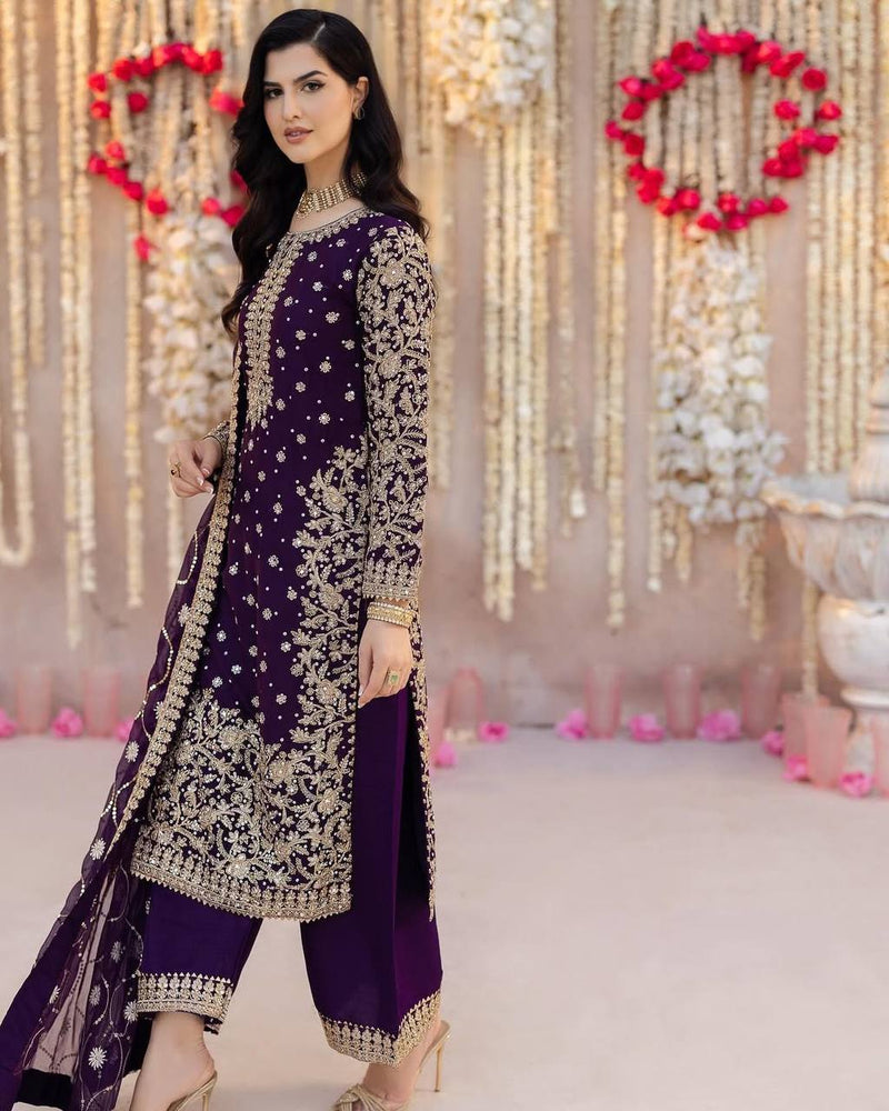 Luxury Purple Embroidered Straight Suit for Wedding, Festive Wear