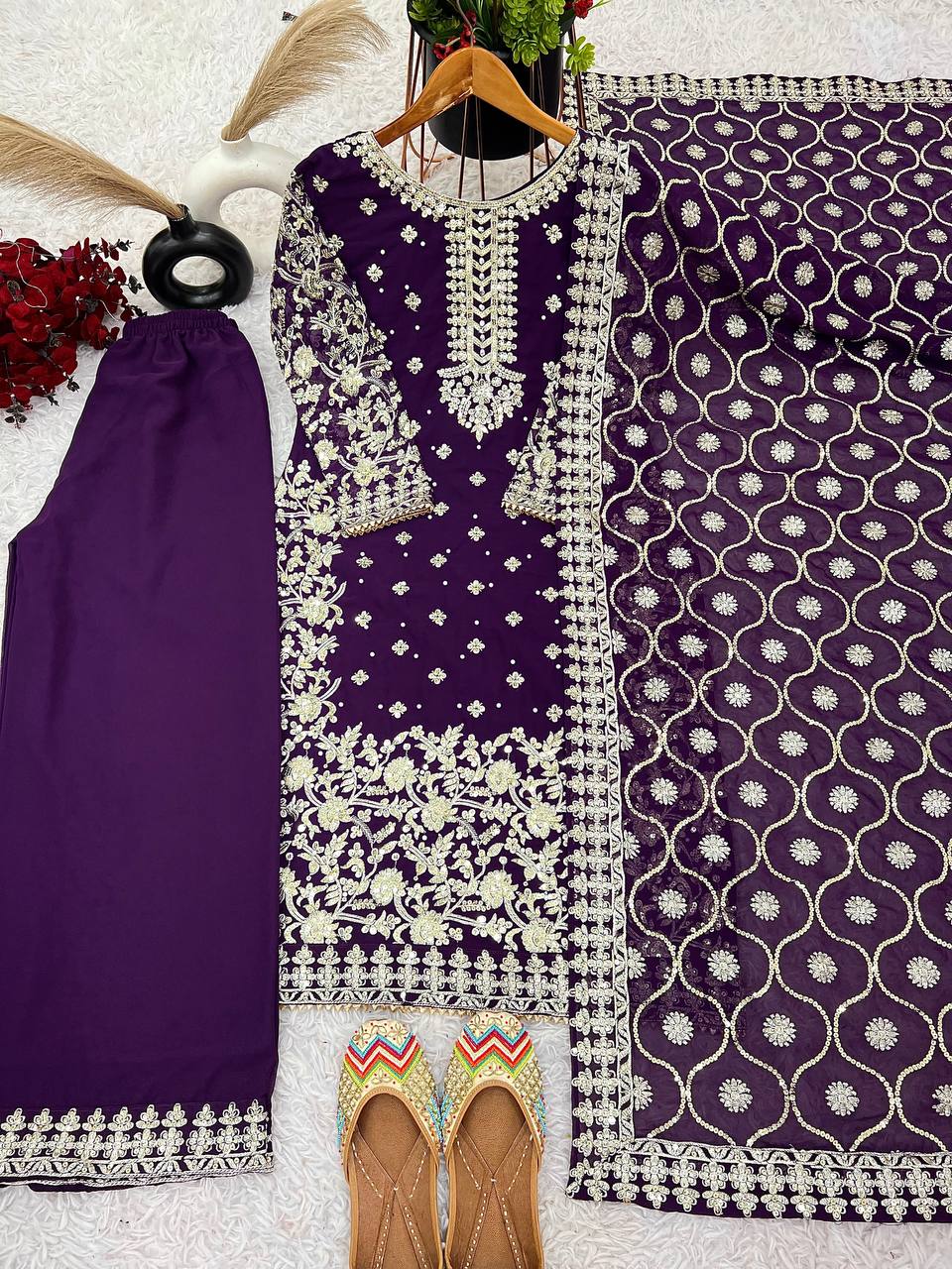 Luxury Purple Embroidered Straight Suit for Wedding, Festive Wear