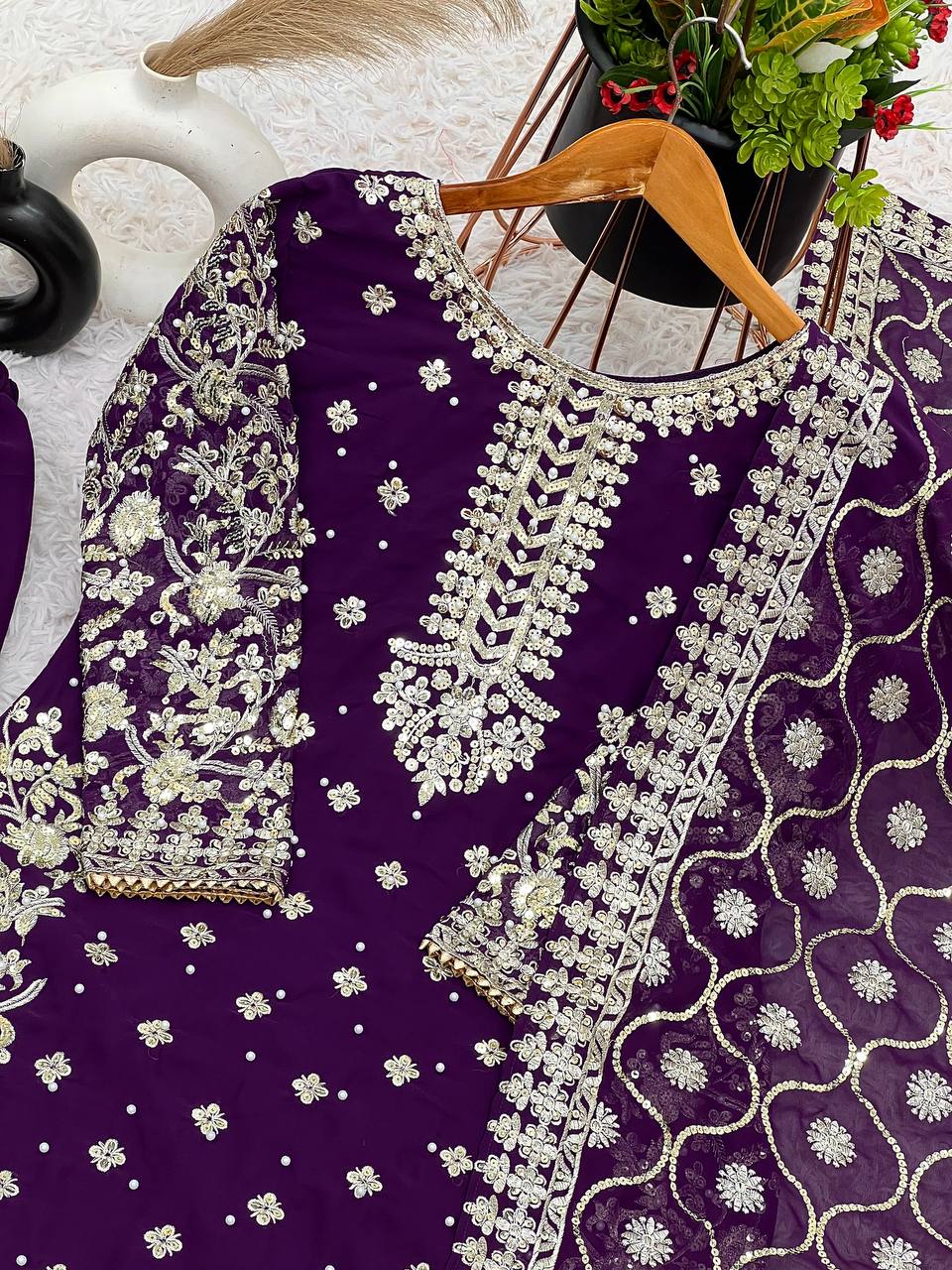 Luxury Purple Embroidered Straight Suit for Wedding, Festive Wear