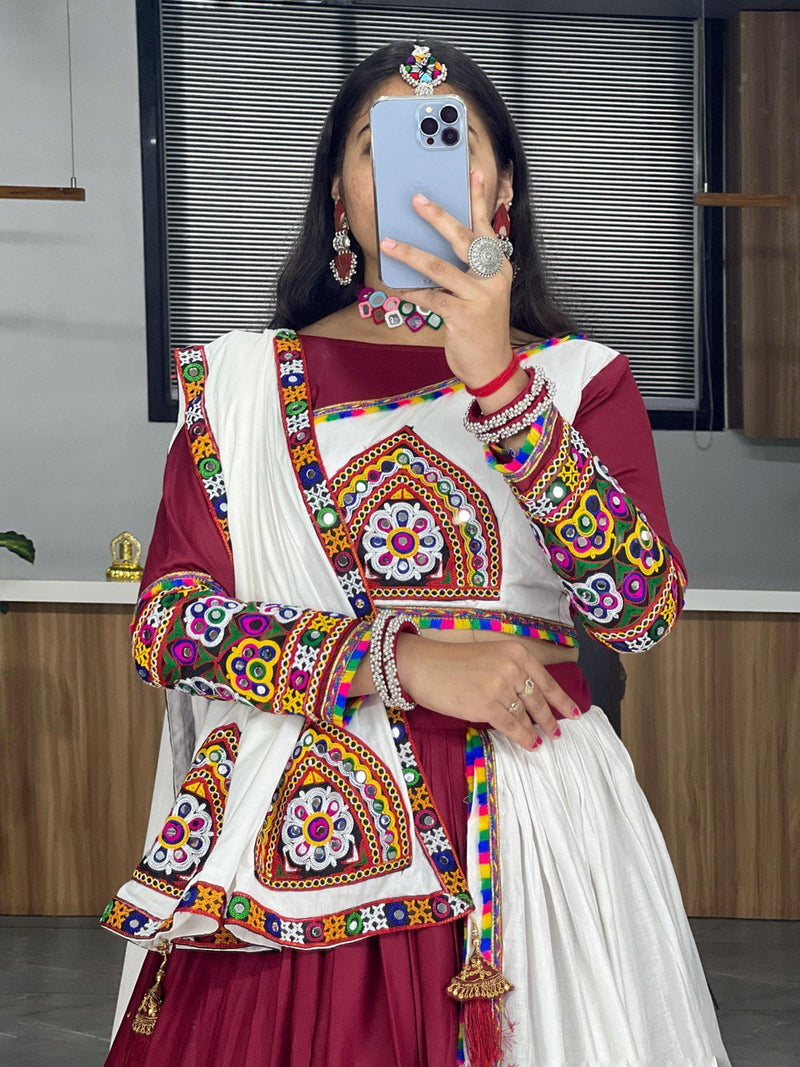 Maroon and White Kutchi Embroidered Chaniya Choli with Full Sleeve Blouse  Navratri Special