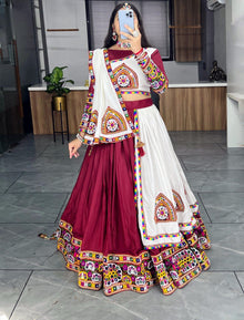 Maroon and White Kutchi Embroidered Chaniya Choli with Full Sleeve Blouse  Navratri Special