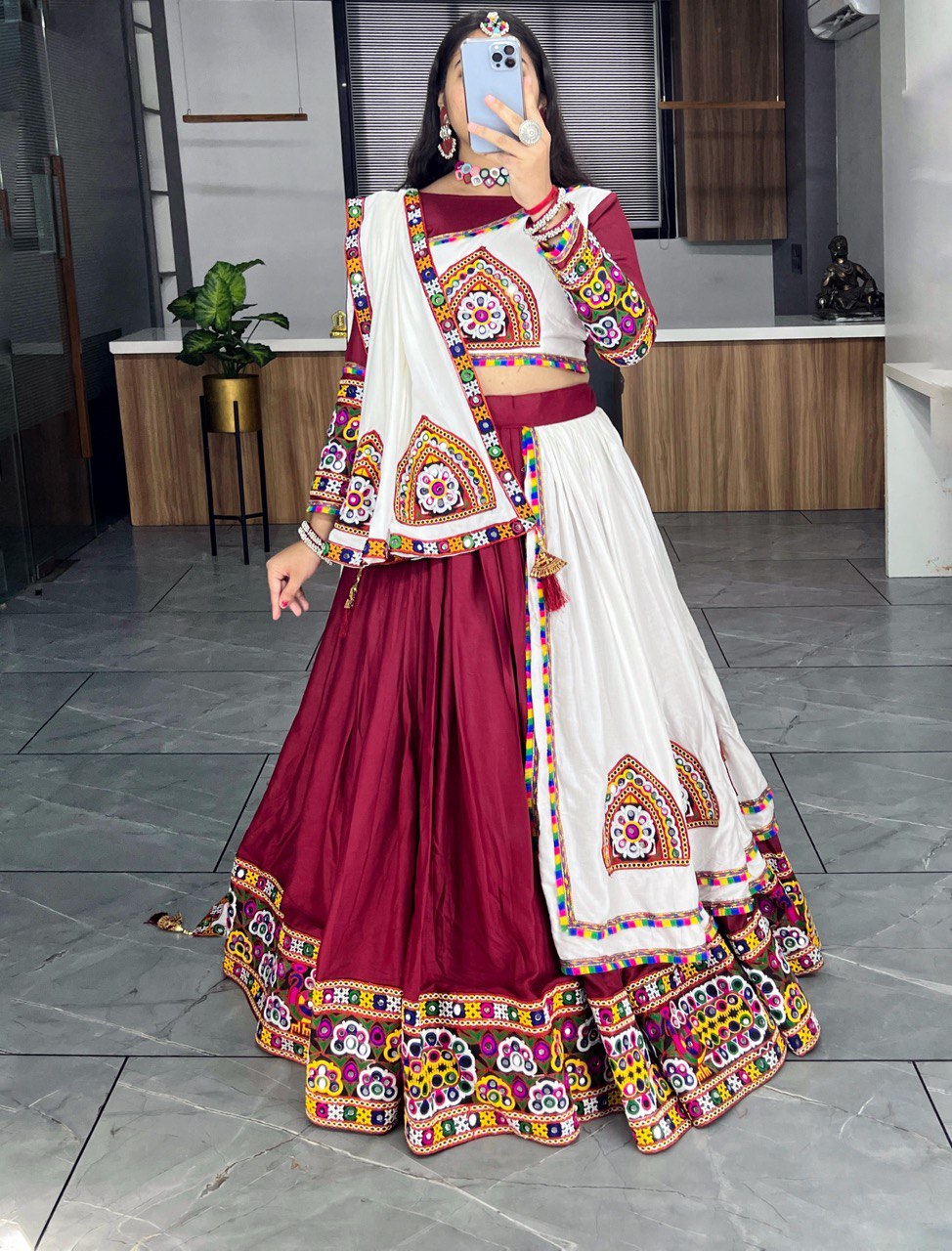 Maroon and White Kutchi Embroidered Chaniya Choli with Full Sleeve Blouse  Navratri Special