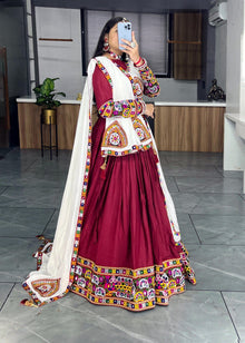 Maroon and White Kutchi Embroidered Chaniya Choli with Full Sleeve Blouse  Navratri Special