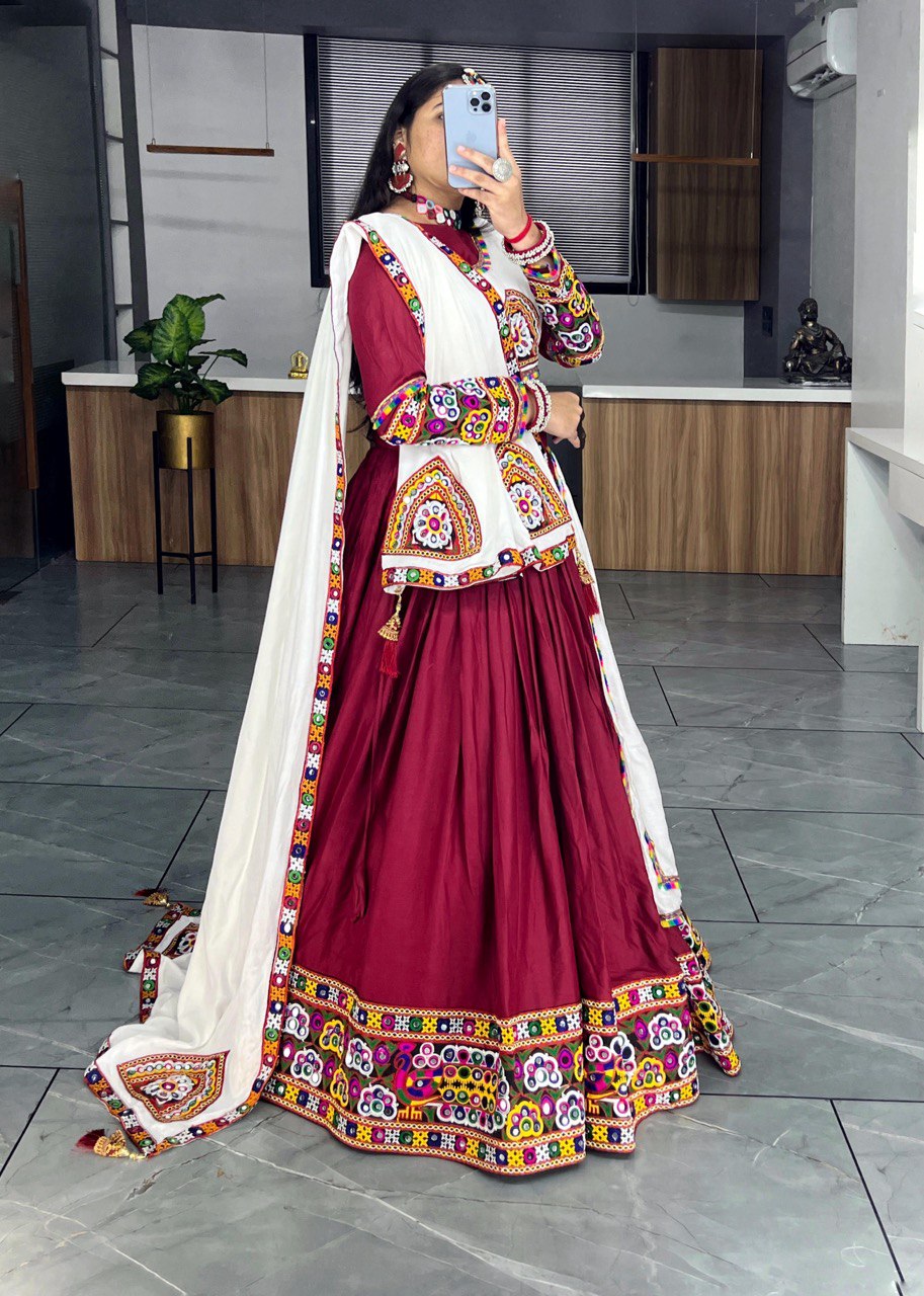 Maroon and White Kutchi Embroidered Chaniya Choli with Full Sleeve Blouse  Navratri Special