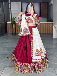 Maroon and White Kutchi Embroidered Chaniya Choli with Full Sleeve Blouse  Navratri Special