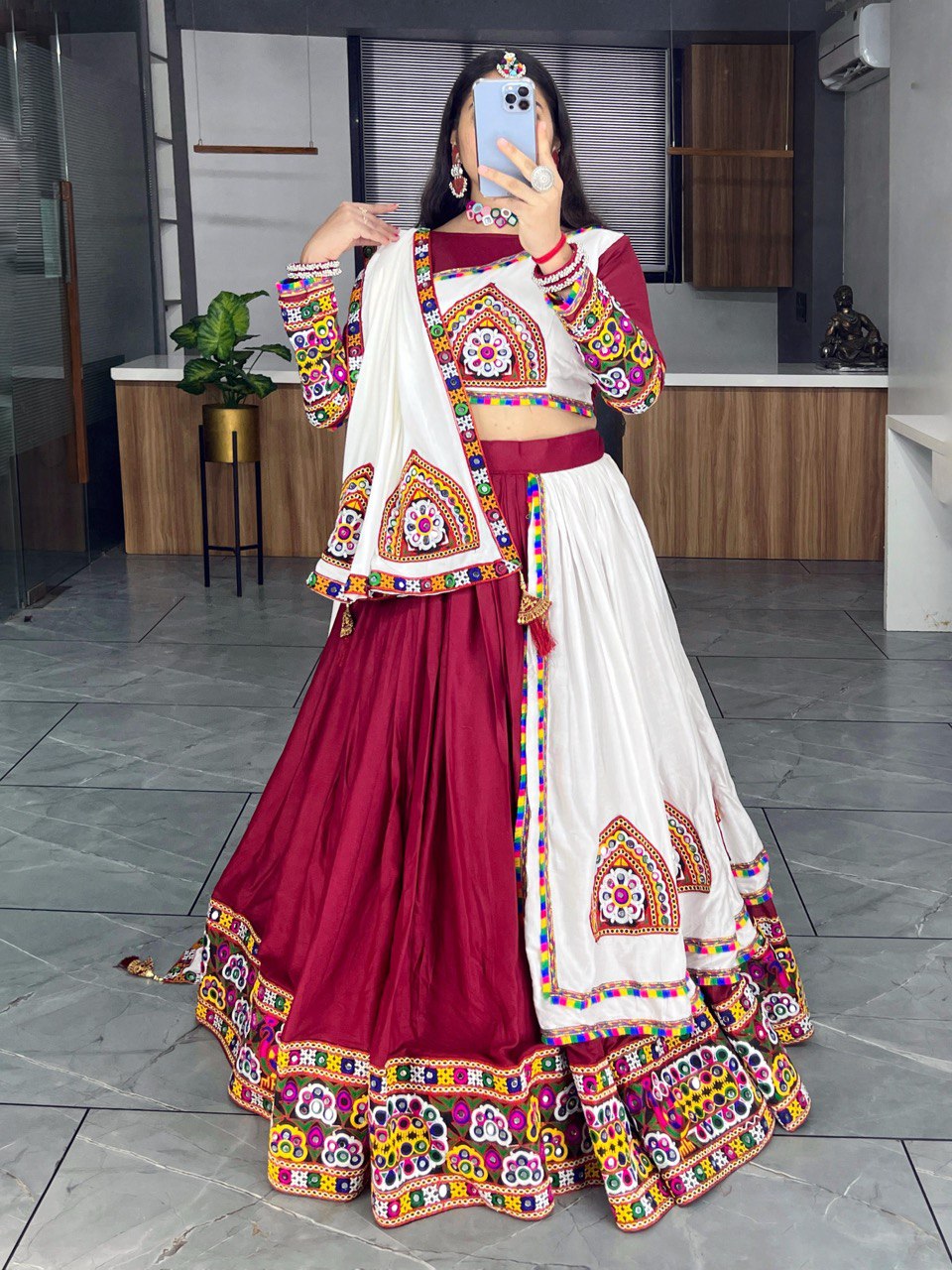 Maroon and White Kutchi Embroidered Chaniya Choli with Full Sleeve Blouse  Navratri Special