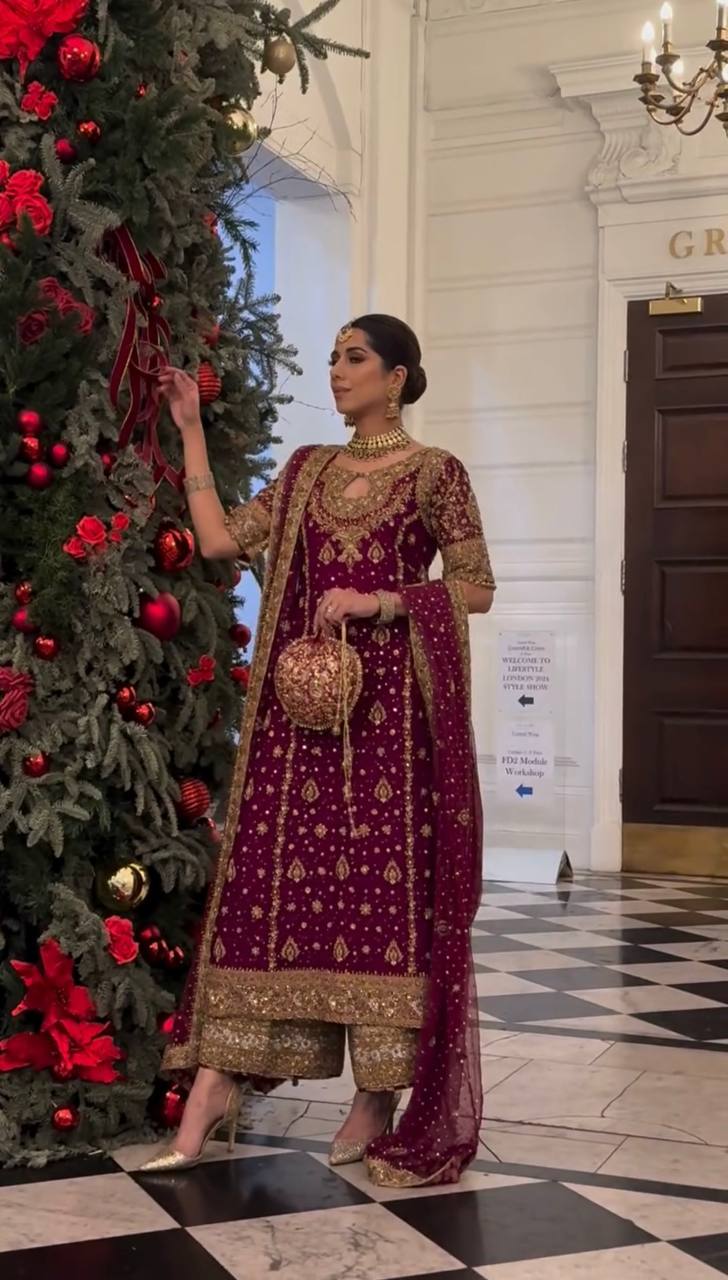 Maroon Gold Sharara Suit with Heavy Embroidery Bridal and Festive Ethnic Wear