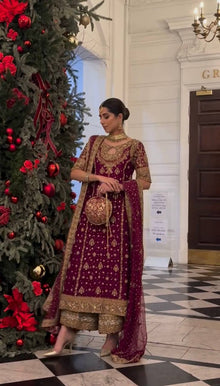 Maroon Gold Sharara Suit with Heavy Embroidery Bridal and Festive Ethnic Wear