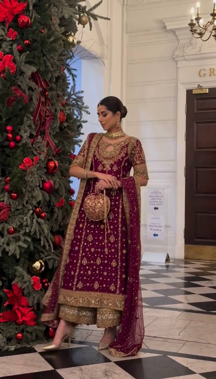 Maroon Gold Sharara Suit with Heavy Embroidery Bridal and Festive Ethnic Wear