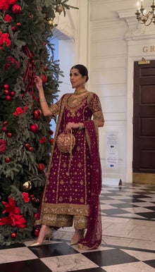 Maroon Gold Sharara Suit with Heavy Embroidery Bridal and Festive Ethnic Wear