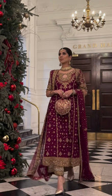 Maroon Gold Sharara Suit with Heavy Embroidery Bridal and Festive Ethnic Wear