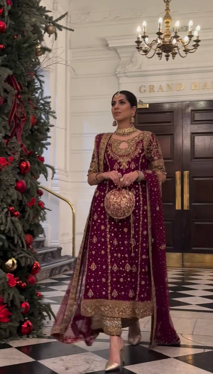 Maroon Gold Sharara Suit with Heavy Embroidery Bridal and Festive Ethnic Wear