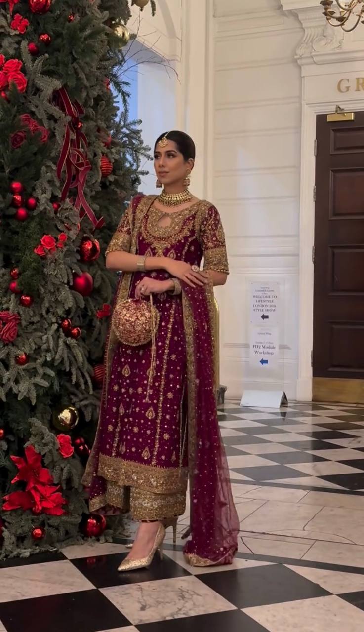 Maroon Gold Sharara Suit with Heavy Embroidery Bridal and Festive Ethnic Wear