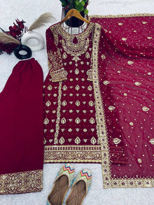 Maroon Gold Sharara Suit with Heavy Embroidery Bridal and Festive Ethnic Wear