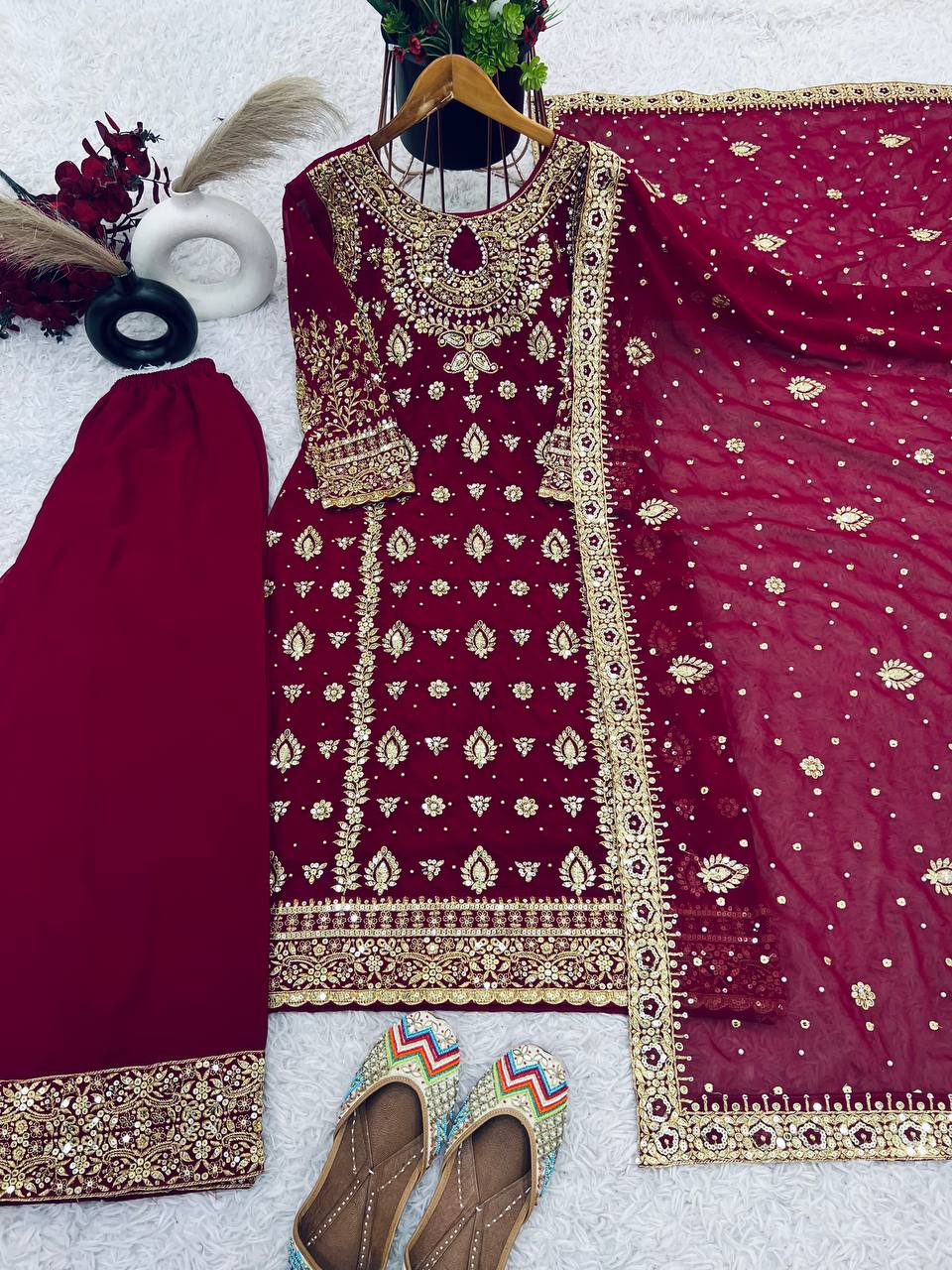 Maroon Gold Sharara Suit with Heavy Embroidery Bridal and Festive Ethnic Wear
