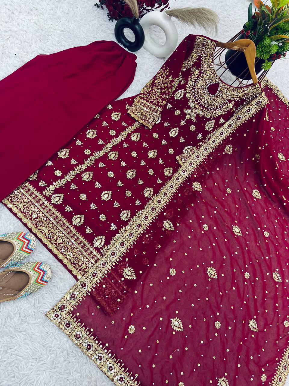 Maroon Gold Sharara Suit with Heavy Embroidery Bridal and Festive Ethnic Wear