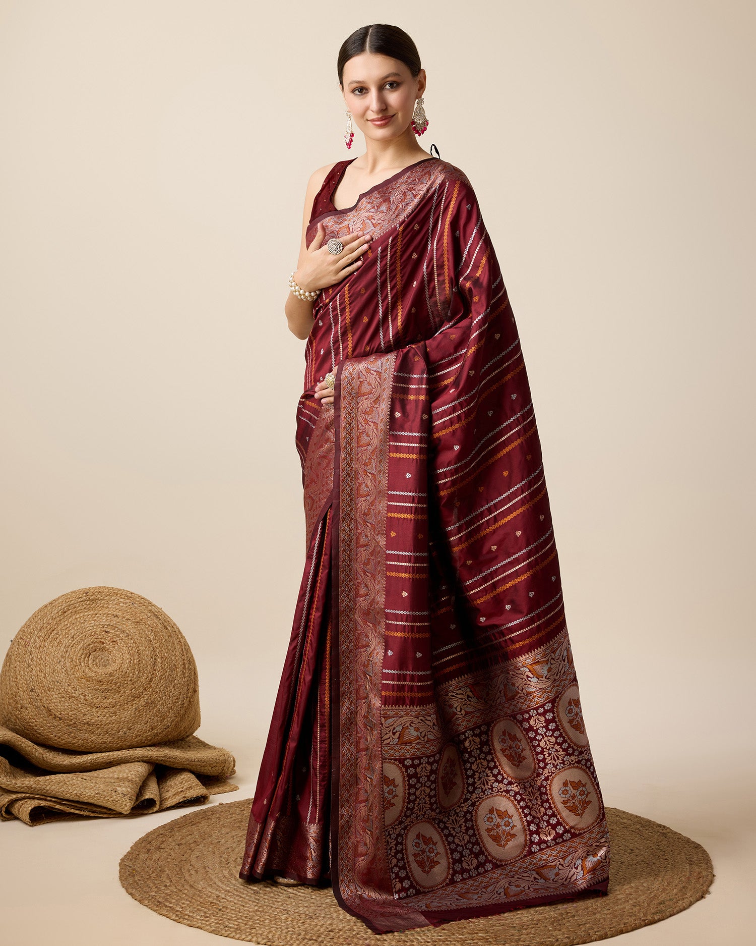 Maroon Jacquard Silk Saree with Sona Chandi Zari and Pure 3Zari Floral Weaving