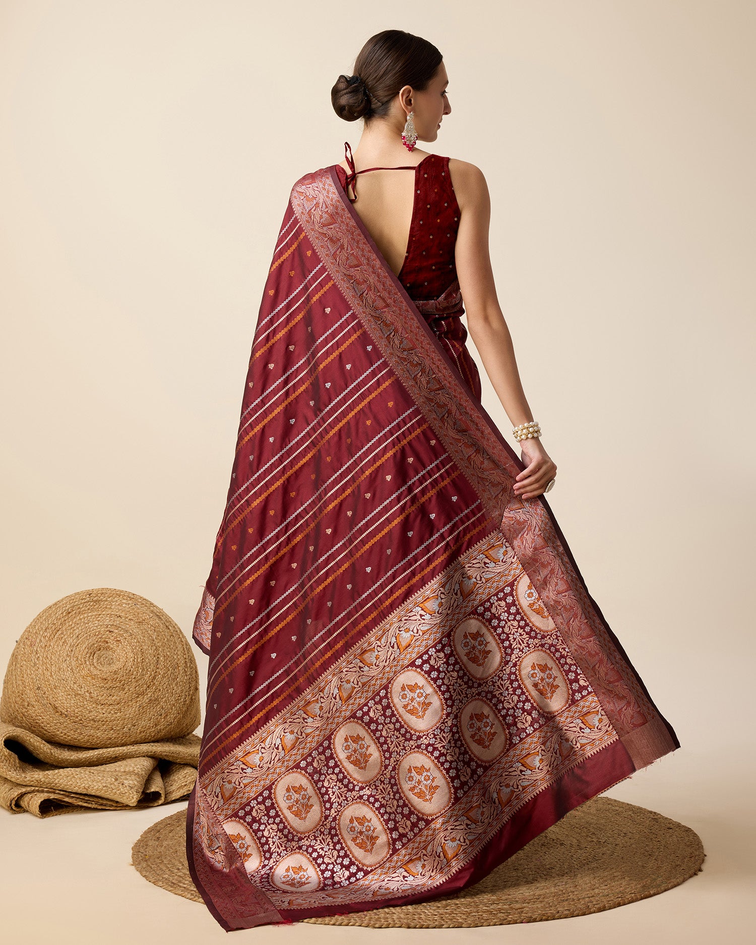 Maroon Jacquard Silk Saree with Sona Chandi Zari and Pure 3Zari Floral Weaving