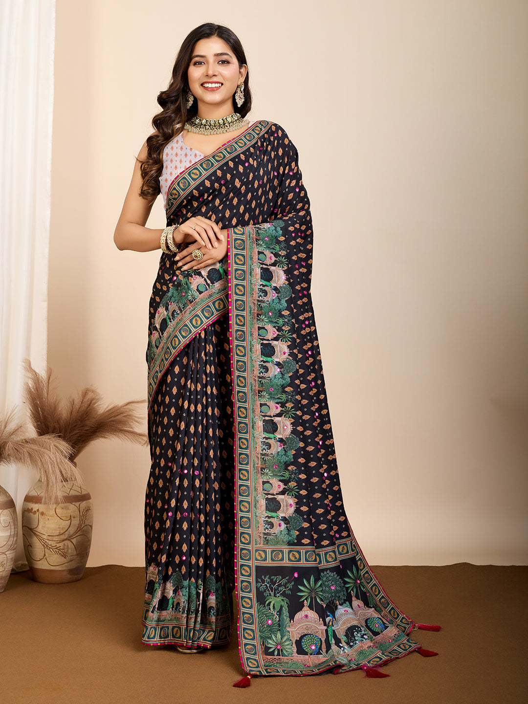 Black Maslin Cotton Saree with Digital Print, Handwork and Contrast Blouse
