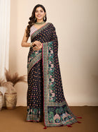 Black Maslin Cotton Saree with Digital Print, Handwork and Contrast Blouse
