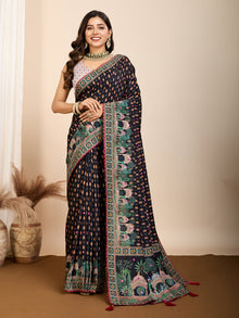 Black Maslin Cotton Saree with Digital Print, Handwork and Contrast Blouse
