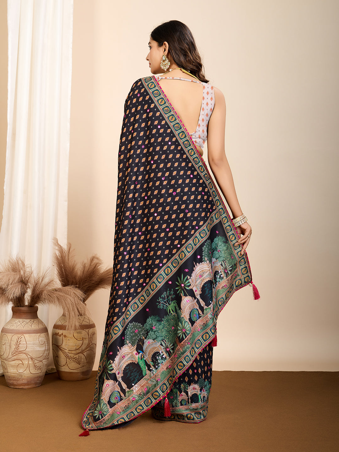Black Maslin Cotton Saree with Digital Print, Handwork and Contrast Blouse