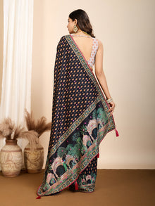 Black Maslin Cotton Saree with Digital Print, Handwork and Contrast Blouse