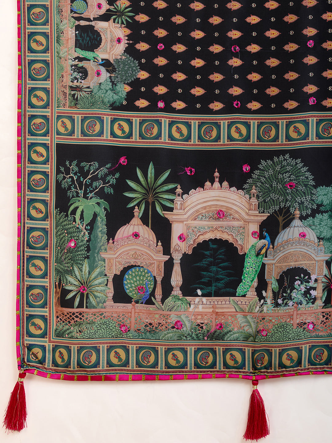 Black Maslin Cotton Saree with Digital Print, Handwork and Contrast Blouse