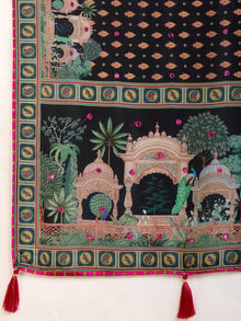 Black Maslin Cotton Saree with Digital Print, Handwork and Contrast Blouse