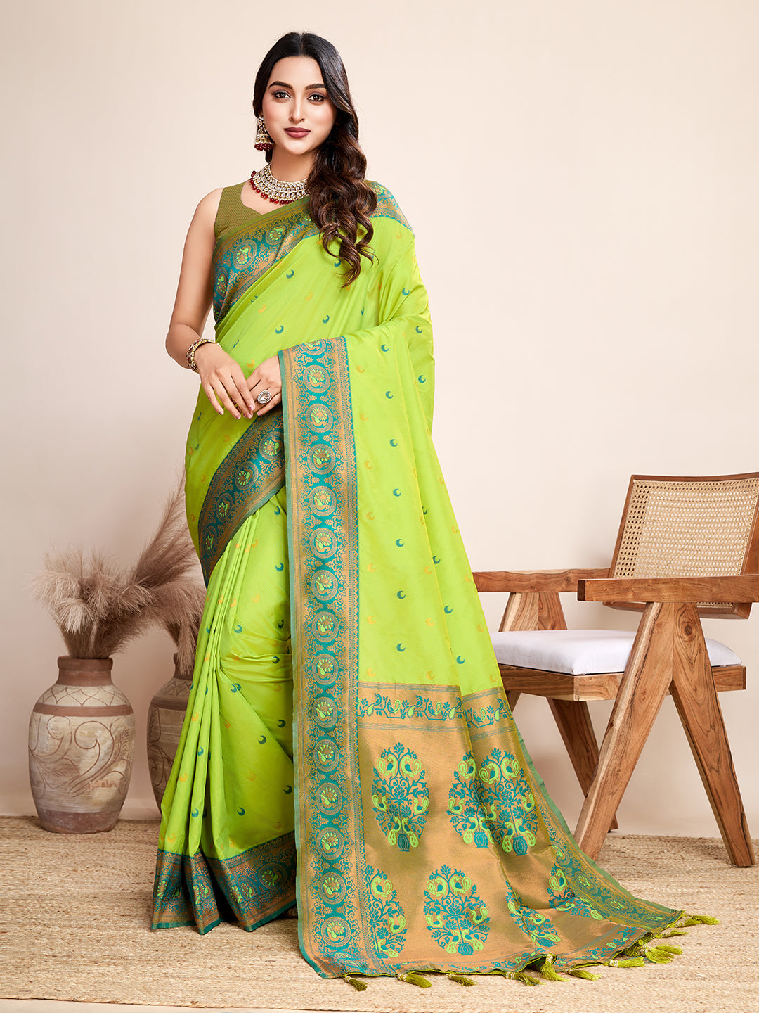 Medium Green Jacquard Saree with Pure Zari Weaving and Floral Accents Wedding  Saree