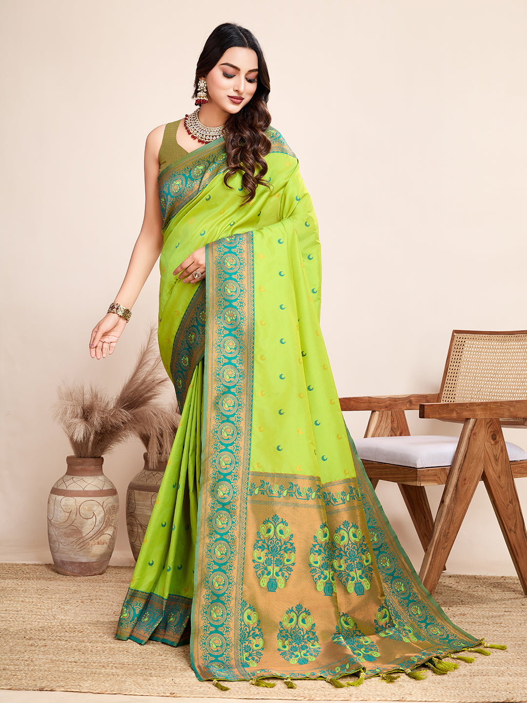 Medium Green Jacquard Saree with Pure Zari Weaving and Floral Accents Wedding  Saree