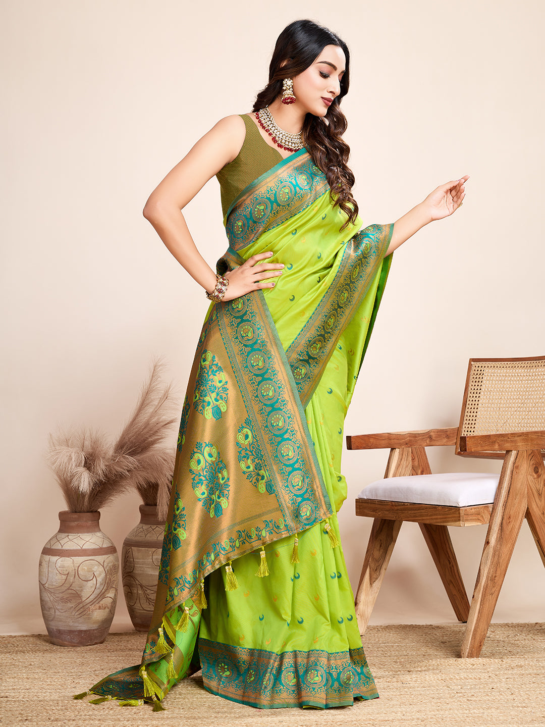 Medium Green Jacquard Saree with Pure Zari Weaving and Floral Accents Wedding  Saree