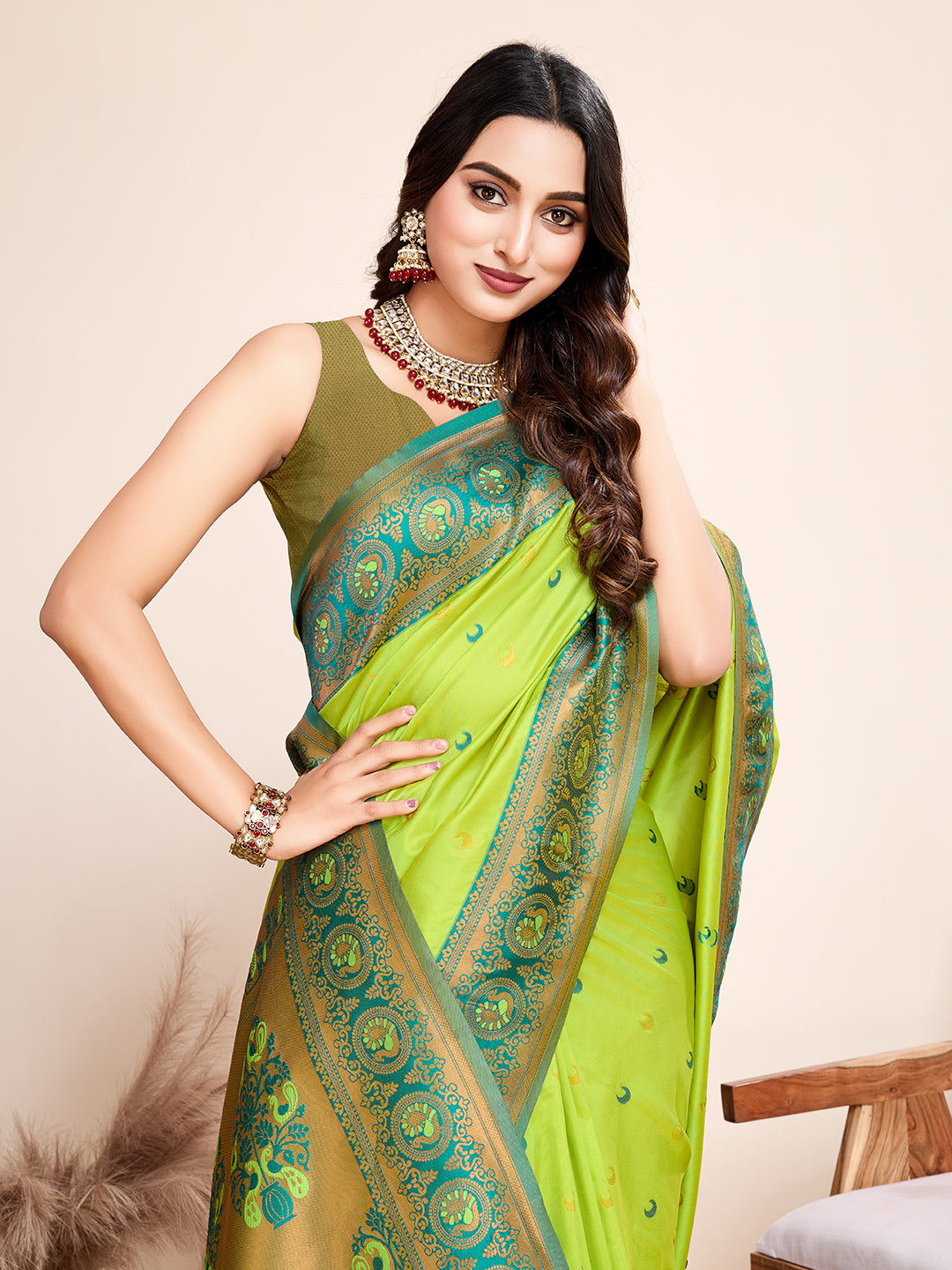 Medium Green Jacquard Saree with Pure Zari Weaving and Floral Accents Wedding  Saree