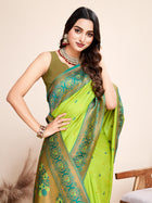 Medium Green Jacquard Saree with Pure Zari Weaving and Floral Accents Wedding  Saree