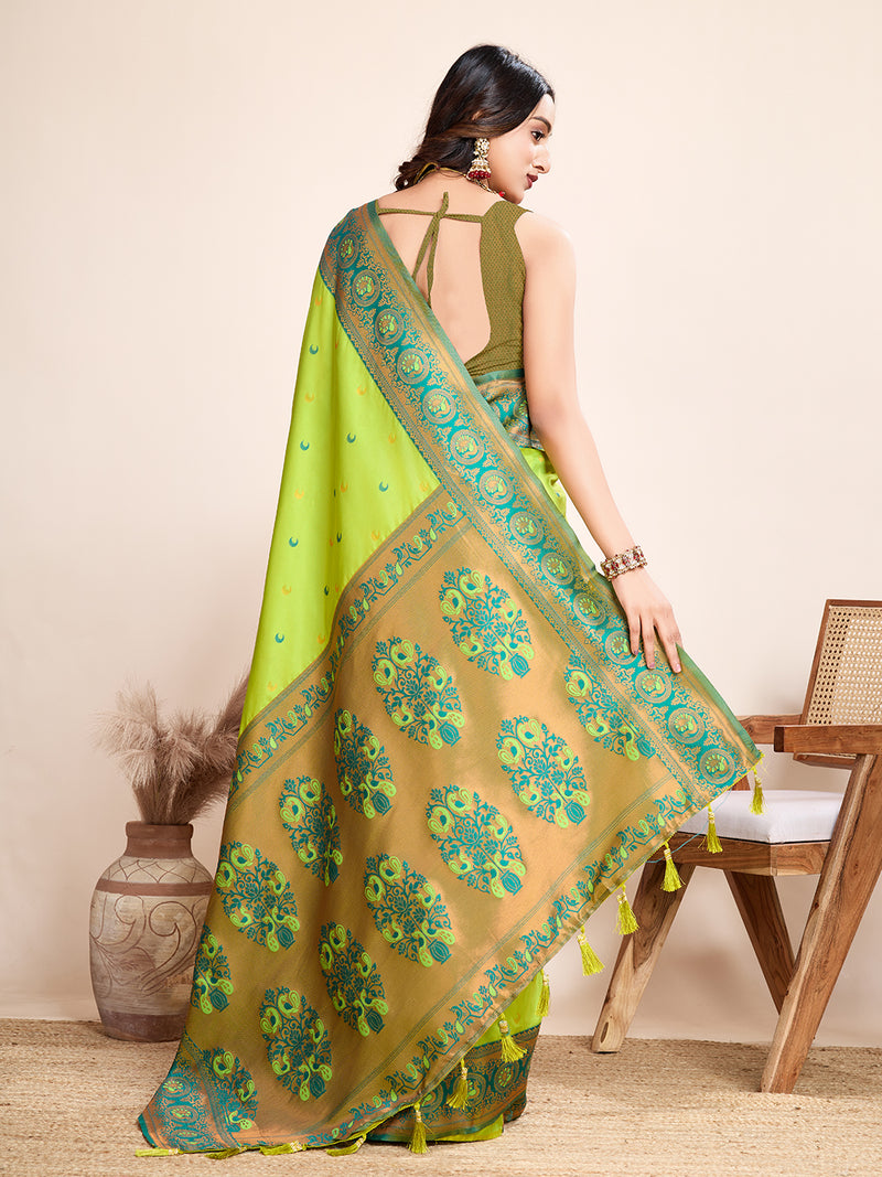 Medium Green Jacquard Saree with Pure Zari Weaving and Floral Accents Wedding  Saree