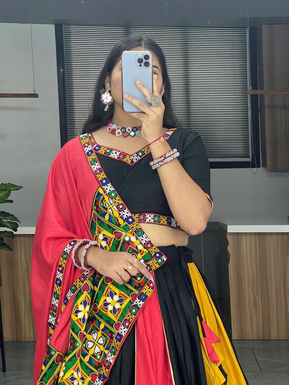 MultiColor Navratri Lehenga Choli with Kutchi Embroidery and Mirror Work Dupatta