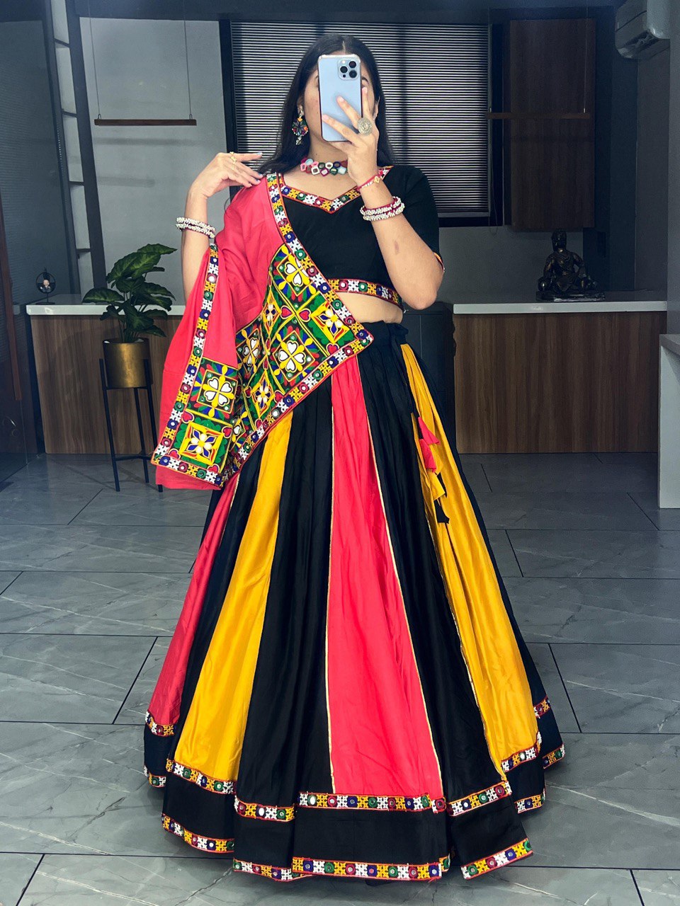 MultiColor Navratri Lehenga Choli with Kutchi Embroidery and Mirror Work Dupatta