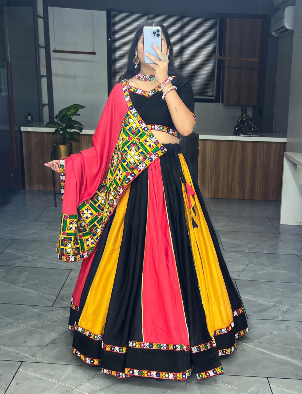 MultiColor Navratri Lehenga Choli with Kutchi Embroidery and Mirror Work Dupatta