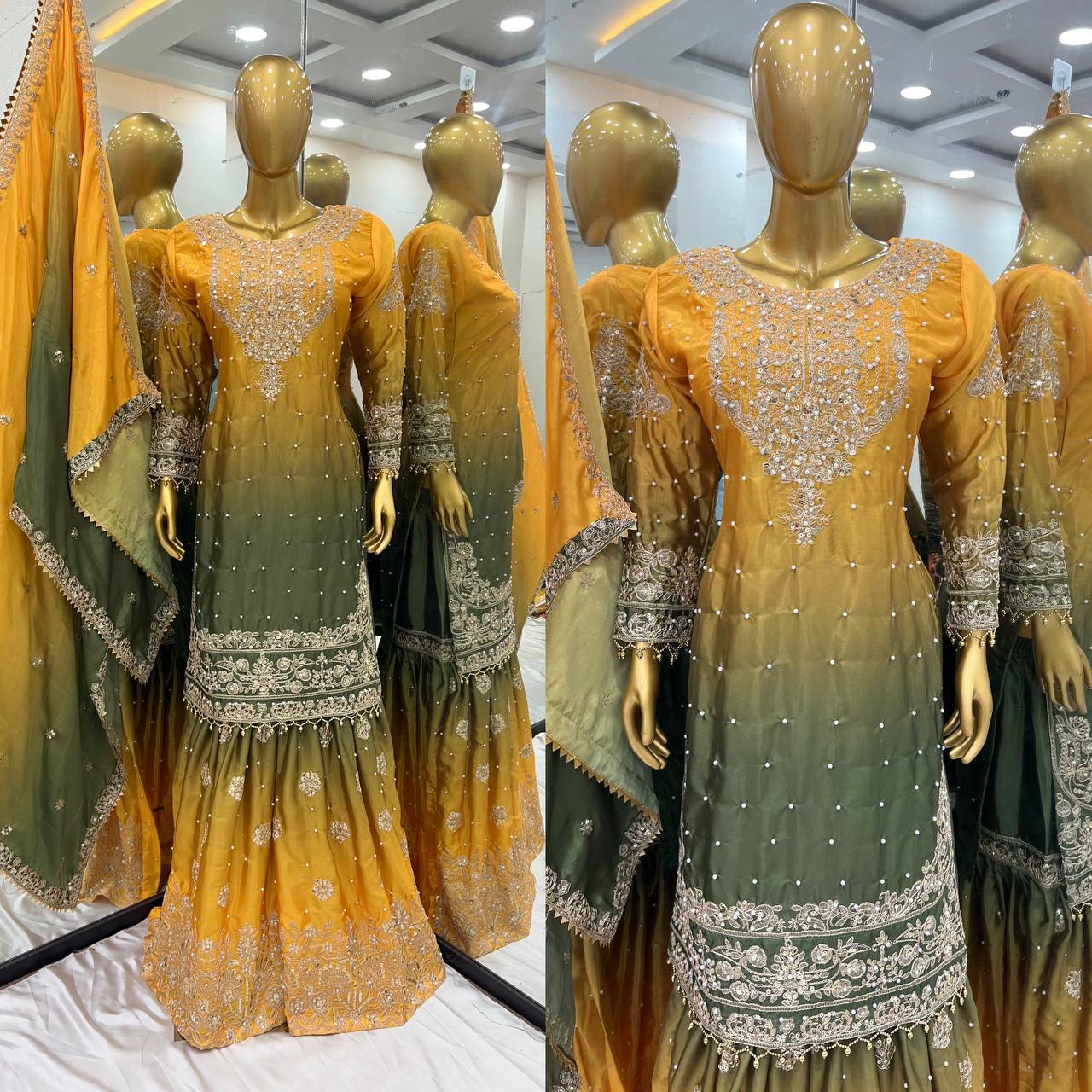 Mustard Olive Green Ombre Embroidered Palazzo Suit with Dupatta Elegant Festive and Wedding Wear