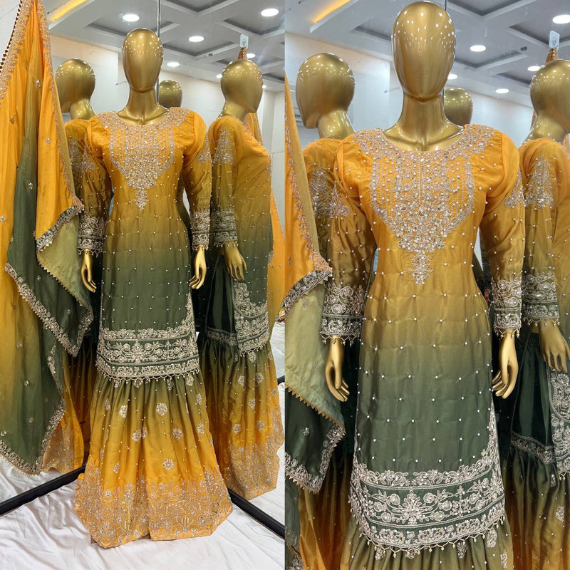 Mustard Olive Green Ombre Embroidered Palazzo Suit with Dupatta Elegant Festive and Wedding Wear