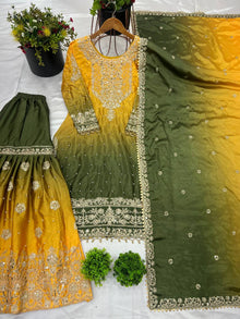 Mustard Olive Green Ombre Embroidered Palazzo Suit with Dupatta Elegant Festive and Wedding Wear