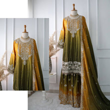 Mustard Olive Green Ombre Embroidered Palazzo Suit with Dupatta Elegant Festive and Wedding Wear
