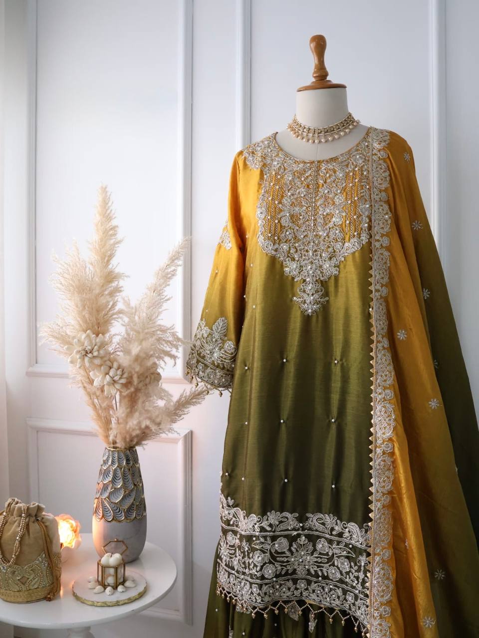 Mustard Olive Green Ombre Embroidered Palazzo Suit with Dupatta Elegant Festive and Wedding Wear