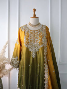 Mustard Olive Green Ombre Embroidered Palazzo Suit with Dupatta Elegant Festive and Wedding Wear