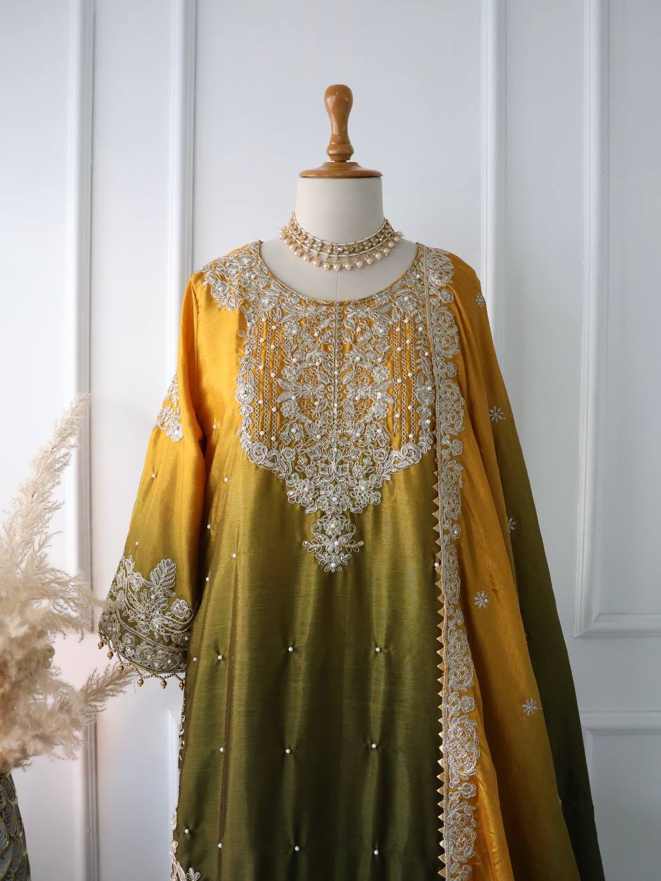 Mustard Olive Green Ombre Embroidered Palazzo Suit with Dupatta Elegant Festive and Wedding Wear