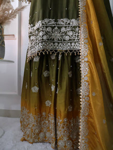 Mustard Olive Green Ombre Embroidered Palazzo Suit with Dupatta Elegant Festive and Wedding Wear