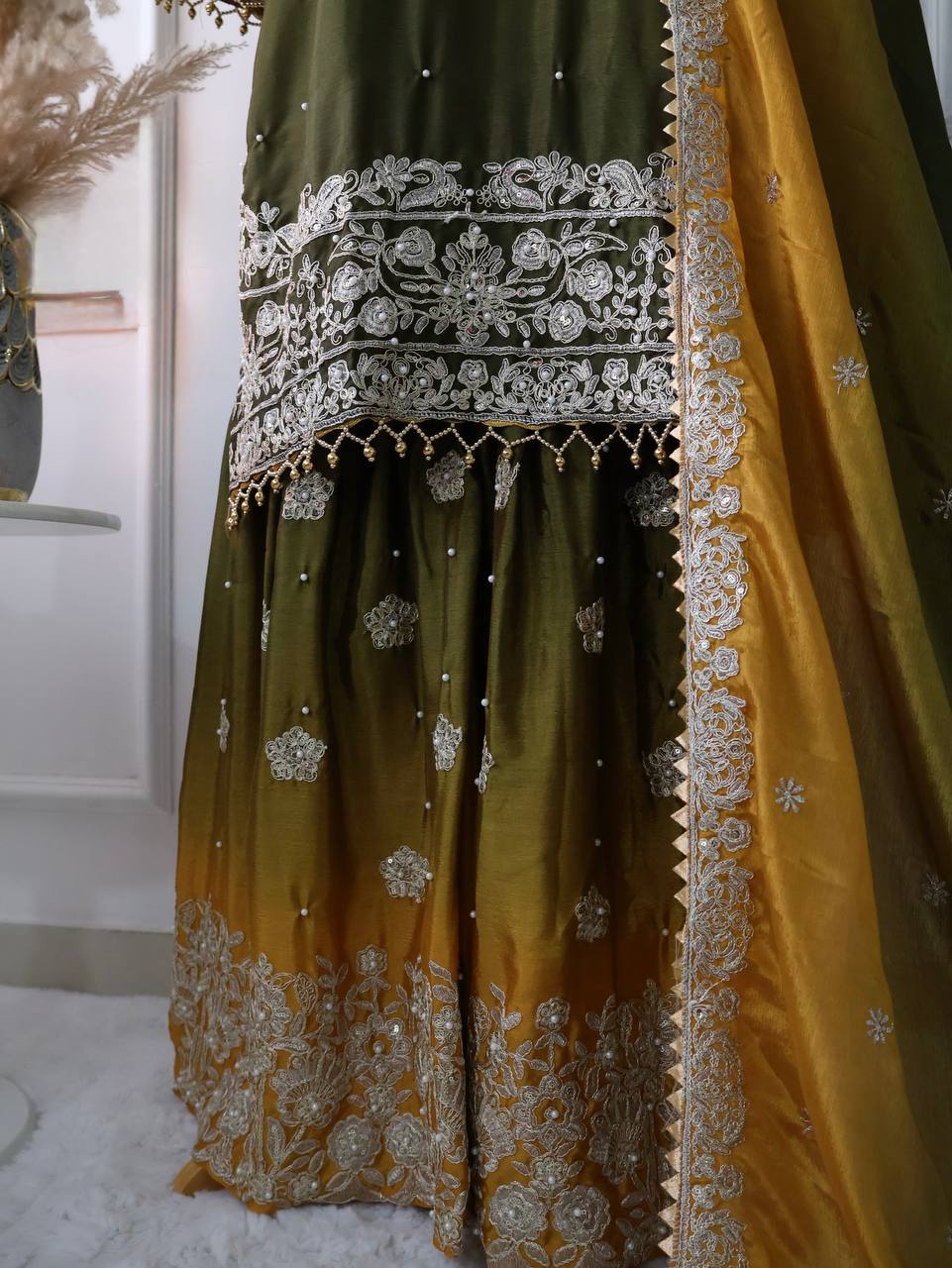 Mustard Olive Green Ombre Embroidered Palazzo Suit with Dupatta Elegant Festive and Wedding Wear