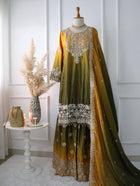Mustard Olive Green Ombre Embroidered Palazzo Suit with Dupatta Elegant Festive and Wedding Wear