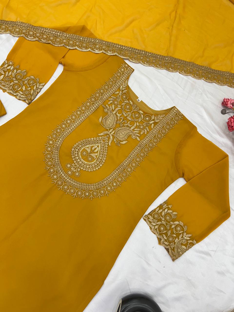 Mustard Yellow Embroidered Sharara Suit for Women Festive