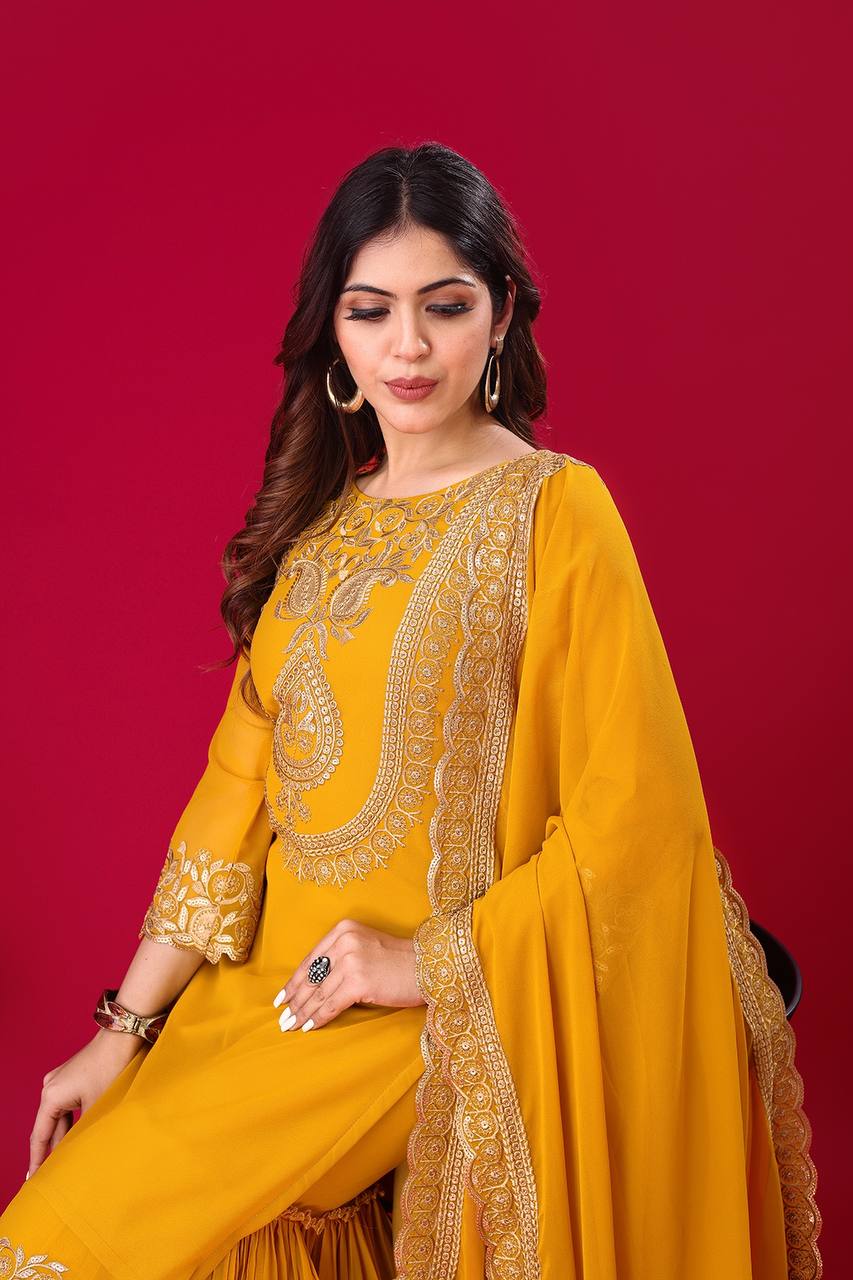 Mustard Yellow Embroidered Sharara Suit for Women Festive
